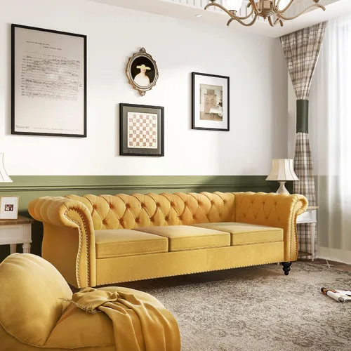 Vista 38 de QHITTY Sofá grande Accent, sofá Chesterfield de 3 plazas moderno de cuero, sofá tapizado con respaldo copetudo para muebles de sala de estar (negro)