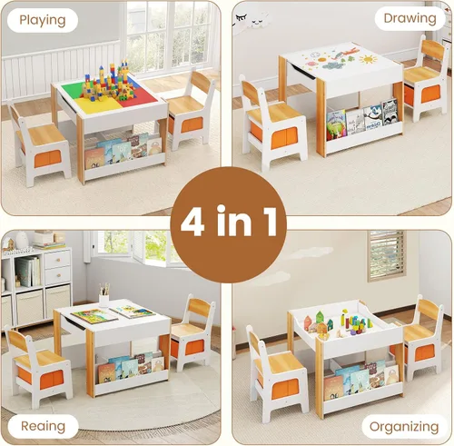 Vista 11 de INFANS Juego de Mesa y Silla para Niños, Escritorio de Actividades de Madera de Bloques de Construcción 4 en 1 con Superficie Reversible, Cajones