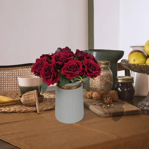 Vista 4 de 12 rosas artificiales de terciopelo de 12 pulgadas con tallo y hojas, flores aterciopeladas para decoración del hogar, centro de mesa, suministro