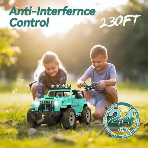 Vista 6 de DEERC Coche de Control Remoto con Neblina y Música, Camión de Control Remoto 1:16 para Niños, Juguete de Coche RC de 2.4Ghz con 2 Baterías, Regalo