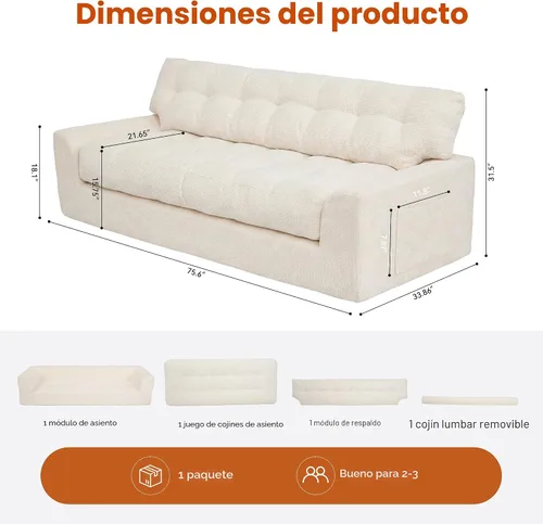 Vista 2 de MONVANE Sofá convertible de 3 plazas de felpilla 3 en 1 de 75.6 pulgadas Beige