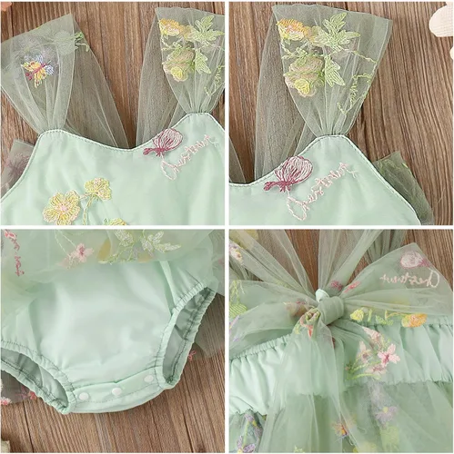 Vista 6 de IDOPIP Conjunto de 2 piezas para bebé recién nacido, con diadema, bordado de flores, tutú, princesa, fiesta de cumpleaños, conjunto de ropa