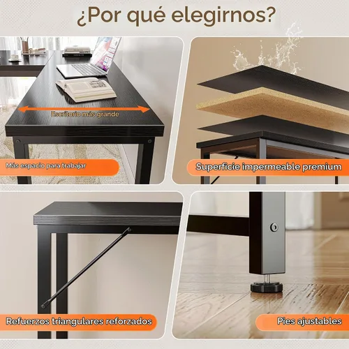 Vista 8 de Huuger Escritorio en forma de L de 55 pulgadas con tomas de corriente y puerto USB-C, escritorio de computadora reversible, escritorio de esquina