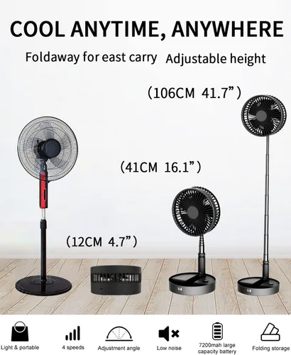 Vista 2 de UN UNITEDTIME Ventilador portátil, Mi ventilador de viaje plegable con temporizador de control remoto, funciona con pilas o alimentado por USB, Negro