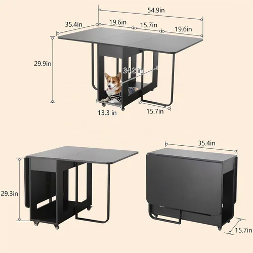 Vista 3 de Mesa de Comedor Plegable con Dos Cajones para 4/6 con Mesa de Hoja Abatible que Ahorra Espacio, Ruedas Bloqueables y Almacenamiento, Superficie