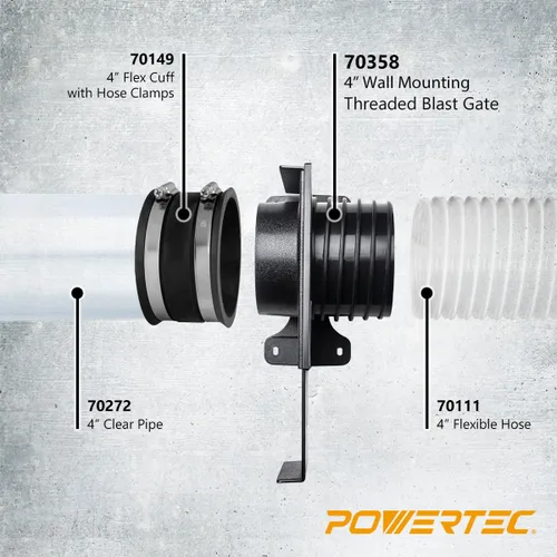 Vista 3 de POWERTEC 70358V Compuerta de Explosión de Montaje en Pared de 4 Pulgadas con Soporte, Accesorio de Recolección de Polvo Roscado - 1 Paquete