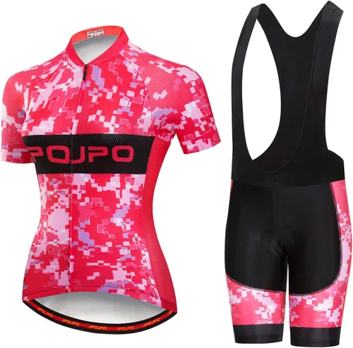 Vista 110 de Camiseta de ciclismo para mujer, manga corta y pantalones cortos de ciclismo acolchados para verano