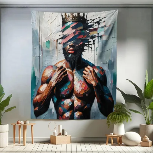 Vista 66 de Ambesonne Tapiz de arte afro, hombre negro fuerte con una corona de trazos impresión de pintura moderna, decoración de tela para colgar en la pared