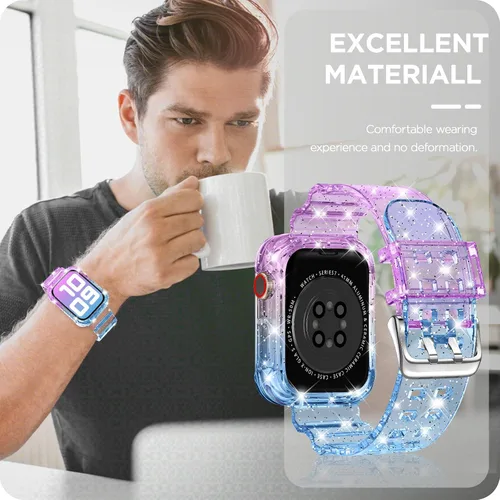 Vista 254 de DABAOZA - Correa transparente compatible con Apple Watch con estuche protector, correa deportiva de TPU con brillo para mujeres y hombres
