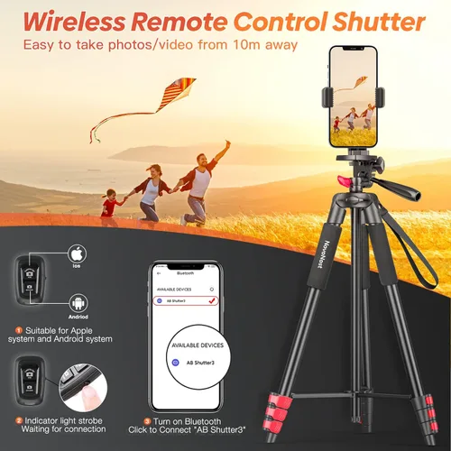 Vista 4 de Trípode para teléfono de 65", trípode para iPhone y cámara con control remoto inalámbrico y soporte para teléfono celular para grabación