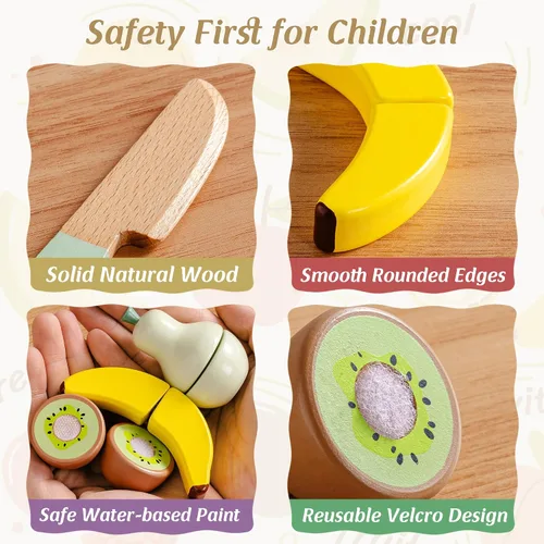 Vista 3 de ROBOTIME Juegos de alimentos de madera para cocina de niños, 14 piezas de juguetes de comida de simulación, cesta de picnic con frutas, postres