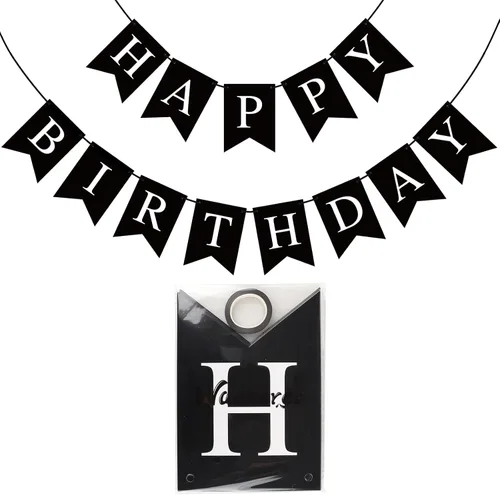 Vista 9 de Pancarta Negra de Feliz Cumpleaños Letrero Banderín Guirnalda de Feliz Cumpleaños para Niños Niña Mujer Cumpleaños Decoraciones de Fiesta de Té