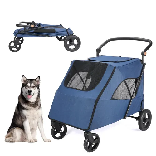 Vista 11 de Cochecito de viaje grande para perros con 4 ruedas resistentes, con mango ajustable, doble capacidad para perros con puerta delantera trasera