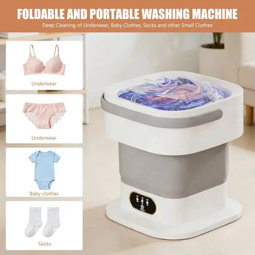 Vista 2 de Lavadora portátil, mini lavadora de viaje plegable de capacidad de 15 litros con función de deshidratación, limpieza profunda de ropa interior, ropa