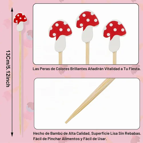 Vista 2 de Palos de cóctel de hongos, palillos de dientes de bambú, brochetas largas de cóctel para aperitivos, bebidas de frutas, palitos de comida