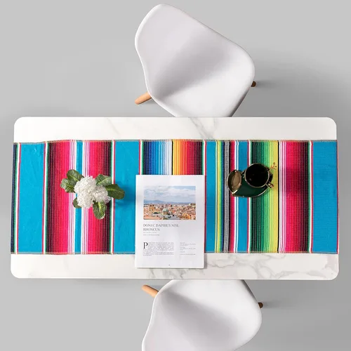 Vista 4 de Camino de mesa mexicano, paquete de 12 unidades, 14 x 84 pulgadas, decoración de fiesta temática mexicana para fiesta del Cinco de Mayo, Serape