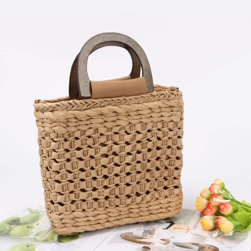 Vista 5 de Ynport Bolso de paja para mujer, de verano, playa, con cordón, de ratán, hecho a mano, tejido hobo