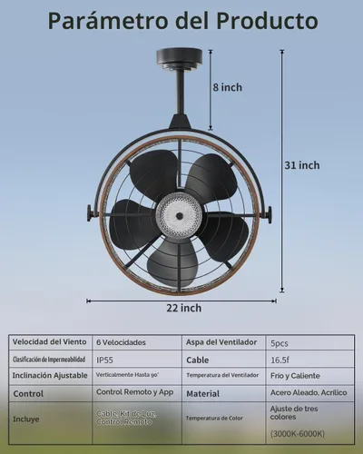 Vista 2 de Ventilador de techo para exteriores con luz, ventilador de techo impermeable con clasificación IP55 con cabezal inclinable y cable de enchufe