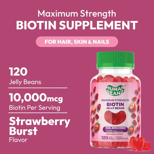 Vista 2 de Human Beanz Biotin Jelly Bean - Vitaminas gomosas, biotina de máxima fuerza para el cabello, la piel y las uñas, 10,000 mcg por porción, vitaminas