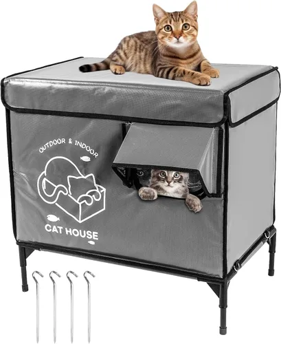 Vista 11 de Casa para gatos al aire libre, refugio elevado indestructible para gatos resistente a la intemperie con puerta de escape, exterior impermeable