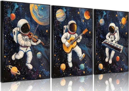 Vista 9 de 3 piezas de arte de pared de astronauta espacial musiic lienzo lindo astronauta músico decoración imágenes divertidas piano guitarra violín carteles