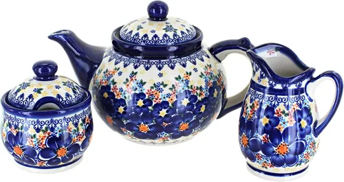Vista 7 de Cerámica polaca de rosa azul, juego de té de 3 piezas de flor de manzana, tetera de 4 tazas, cerámica polaca pintada a mano, servicio de café y té