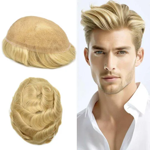 Vista 49 de Peluca de cabello humano con encaje completo, línea capilar real, para hombre, peluca de cabello con nudo blanqueado, pieza de pelo para hombres