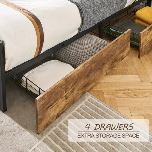 Vista 4 de Base de cama matrimonial resistente con 4 cajones, plataforma de almacenamiento de metal con cabecera de madera y espacio de almacenamiento, base