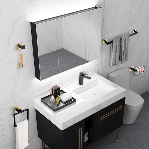 Vista 7 de Juego de 4 soportes para toallas de baño, juego de accesorios de baño de acero inoxidable negro y dorado, montaje en pared, 23.6 pulgadas