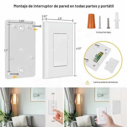 Vista 6 de SURAIELEC Interruptor de luz remoto inalámbrico, sin cableado, sin WiFi, rango de RF de 100 pies, preprogramado, kit de interruptor de pared
