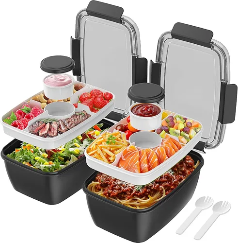 Vista 9 de Cherrysea Lonchera para ensalada, paquete de 2 tazones con 3 compartimentos, a prueba de fugas con tenedor y contenedor de salsa - Verde+Rosa