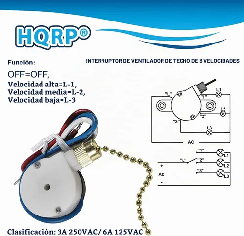 Vista 3 de HQRP Westinghouse - Interruptor de 3 velocidades de 4 cables compatible con Hunter, Hampton Bay, Harbor Breeze, interruptor de cadena de tracción