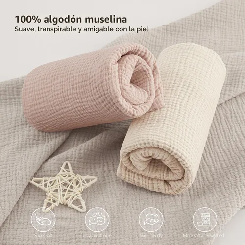 Vista 4 de Bearmoss Sábanas de muselina para mini cuna para Pack N Play - 100% algodón - 38"x26" Sábanas suaves y transpirables para corralito y cuna de bebé