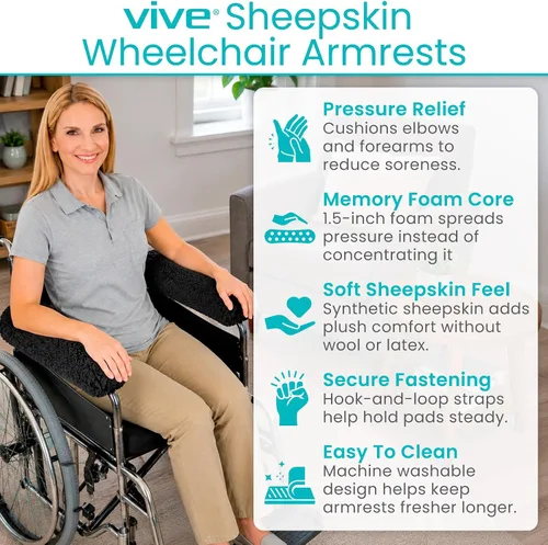 Vista 2 de Cubiertas para apoyabrazos de silla de ruedas Vive (par) - Almohadillas de espuma viscoelástica y piel de oveja para apoyabrazos de silla de ruedas
