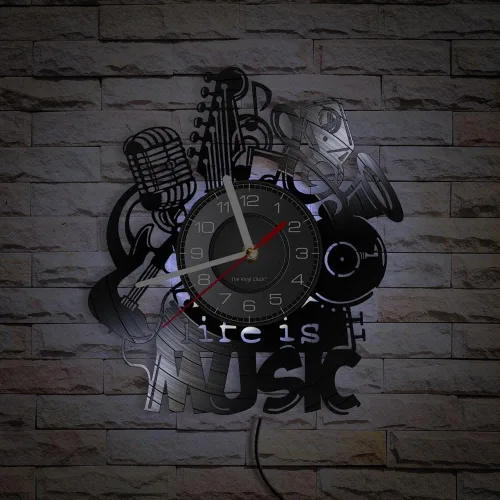 Vista 6 de Life Is Music - Reloj de pared LED de vinilo de 12 pulgadas con 7 colores que cambian silencioso, sin tictac, diseño moderno, música antigua, luz