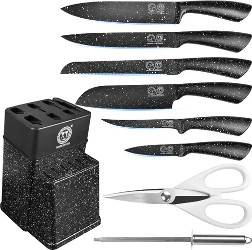 Vista 11 de XYJ juego de bloque con cuchillos de cocina, de acero inoxidable, con soporte, juego de cuchillos de chef profesional japonés, cuchillos para carne