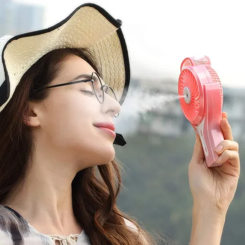 Vista 6 de Ventilador de nebulización de agua portátil de mano para viajes, funciona con batería recargable o alimentado por USB, humidificador y ventilador