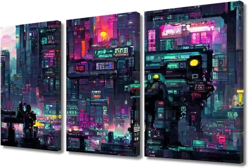 Vista 87 de Arte de pared de 3 piezas de escena de ciencia ficción de la calle comercial futurista paisaje urbano, decoración de pared para dormitorio