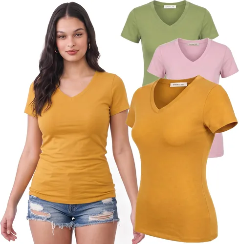 Vista 35 de Emmalise Camiseta de manga corta para mujer, cuello en V, tallas junior y plus