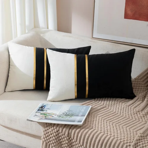 Vista 18 de ZLINA Juego de 2 fundas de almohada decorativas de terciopelo verde aguamarina y blanco con parches y cuero dorado de 16 × 16 pulgadas, fundas