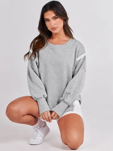 Vista 4 de ANRABESS Sudadera de gran tamaño para mujer, cuello redondo, manga larga, casual, con abertura, sin botones, ropa de otoño