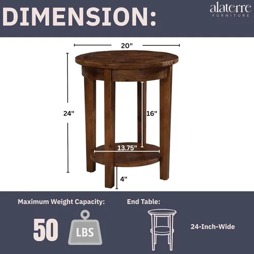 Vista 3 de Alaterre Furniture Revive - Mesa auxiliar redonda de 20 pulgadas con estante inferior para almacenamiento y personajes de madera únicos, muebles