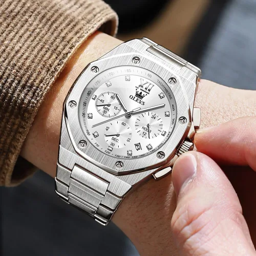 Vista 2 de OLEVS - Relojes de acero inoxidable para hombre, reloj de negocios y vestir de gran tamaño, fácil de leer, analógico, impermeable, luminoso, casual