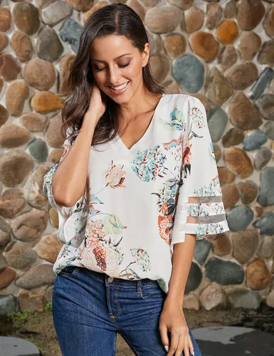 Vista 6 de luvamia Blusa casual con cuello en V para mujer, manga acampanada de 34 con panel de malla, blusa suelta