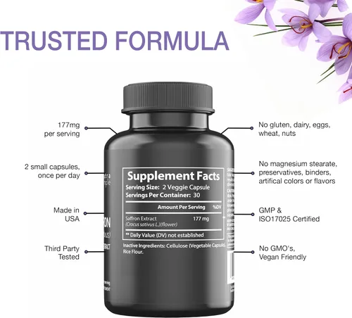 Vista 3 de Suplementos de azafrán de 177 mg, extracto de azafrán puro, fabricado en Estados Unidos, apoyo natural del estado de ánimo y energía, apoyo ocular