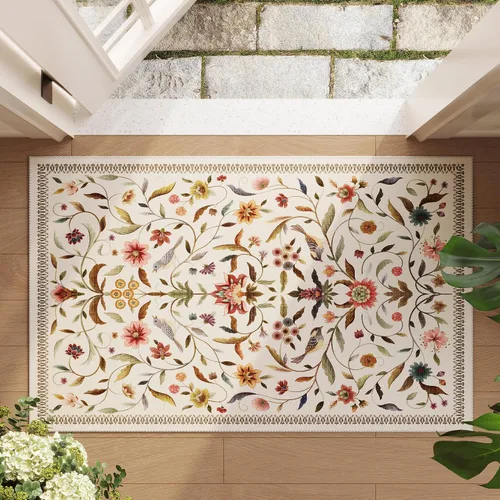Vista 4 de Alfombra de entrada vintage con medallón floral de 2 x 3 pulgadas, lavable a máquina, alfombra de entrada de pelo bajo, suave, pequeña, alfombra