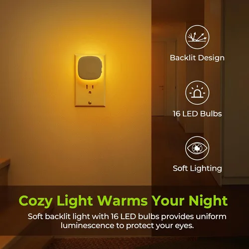 Vista 2 de AUVON - Luz nocturna LED enchufable con retroiluminación con sensor de movimiento y sensor de atardecer a amanecer, luz nocturna anaranjada