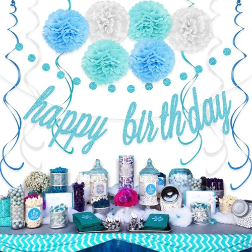 Vista 4 de KOKAR Decoraciones azules de feliz cumpleaños: pancarta azul de feliz cumpleaños, pompones de papel, remolinos colgantes y guirnalda de puntos