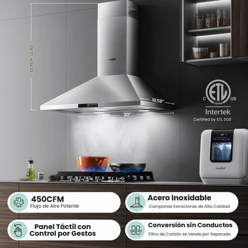 Vista 3 de COMFEE' CVP30W7AST Campana Extractora de 30 Pulgadas 450 CFM 3 Velocidades Detección de Gestos y Panel de Control Táctil Acero Inoxidable Montaje