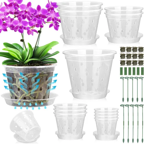 Vista 9 de 9 Pack Plastic Orchid Pots with Holes, 4, 5, 6 Inch Clear Orchid Pots Paquete de 9 unidades.